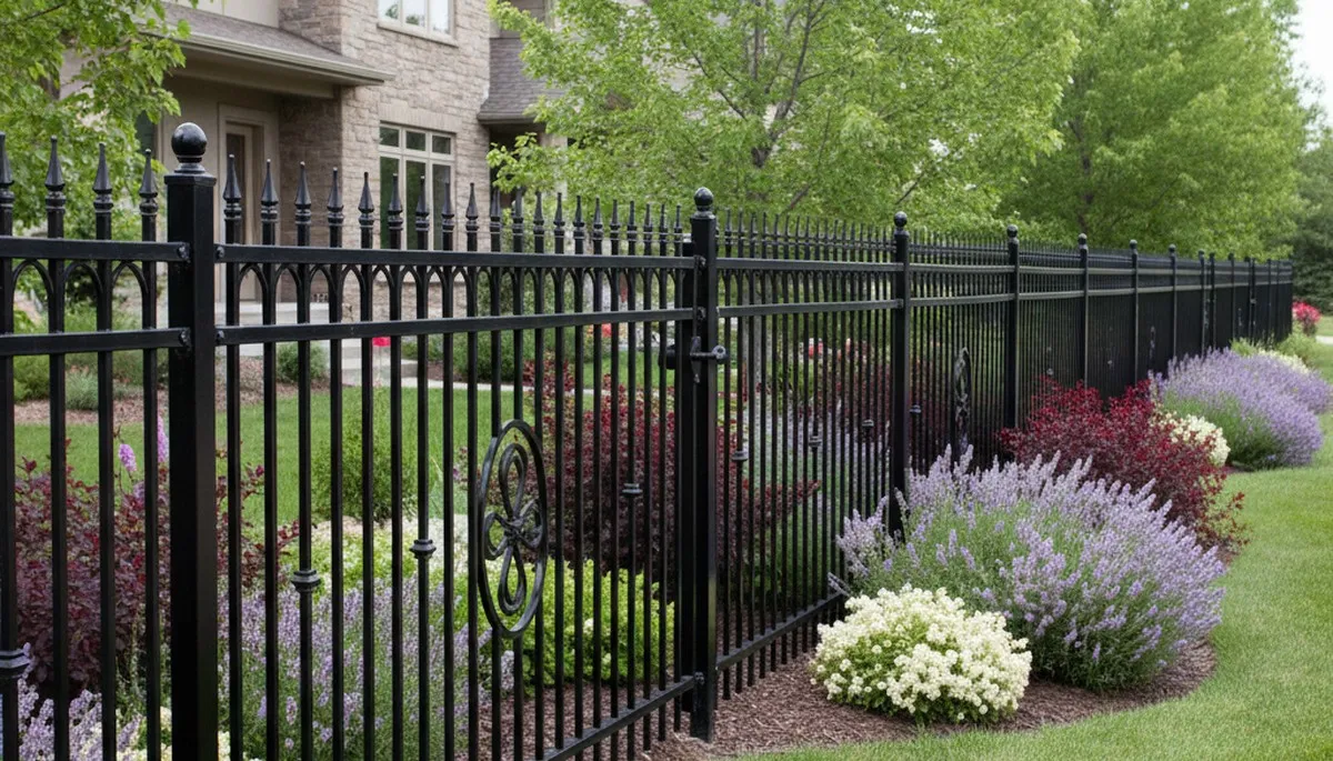 Ornamental black metal fence installation showcasing expert craftsmanship in Littleton, CO landscaping