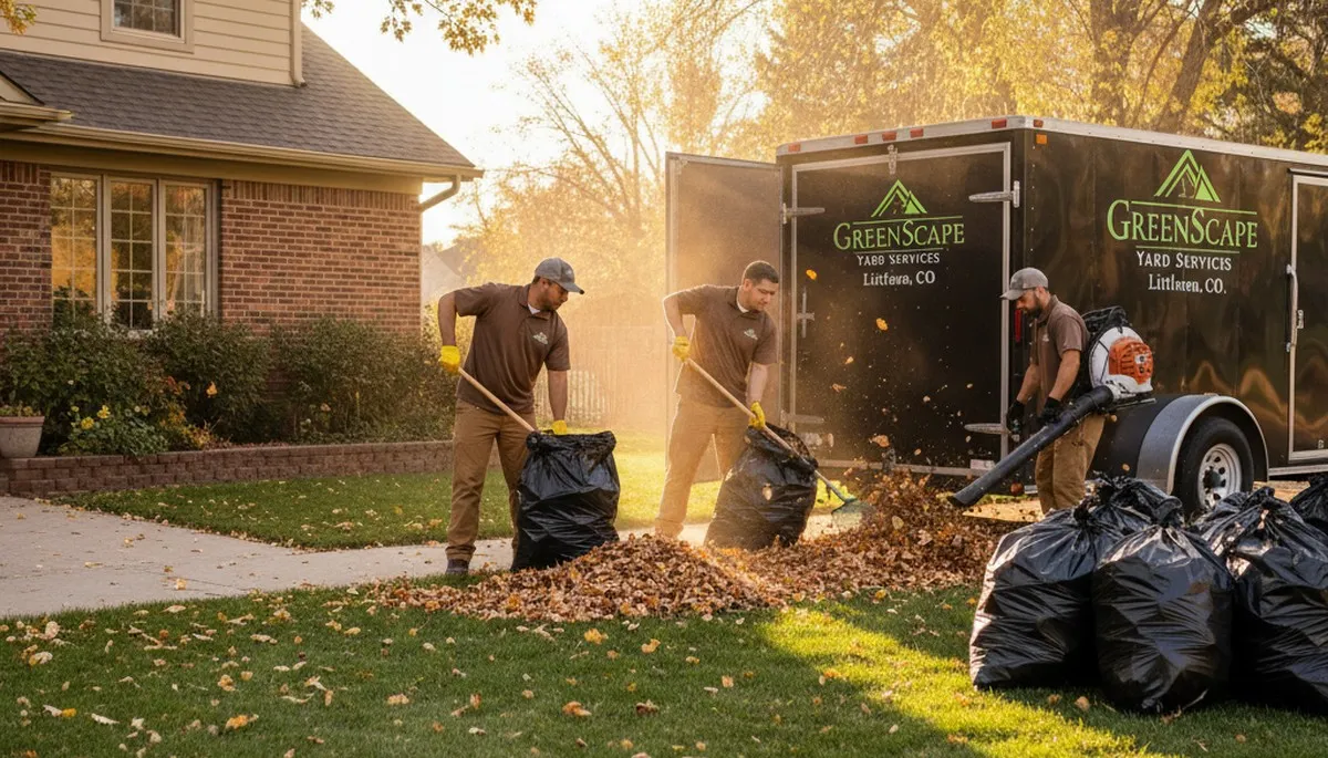 Professional landscapers performing fall leaf removal and yard clean up in Littleton, Colorado