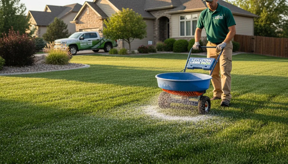 Lawn care technician applying fertilizer with spreader on residential turf in Littleton, CO