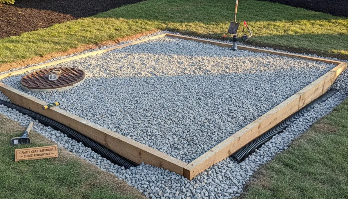 Professional shed foundation preparation with leveled gravel base in Littleton, CO landscaping project